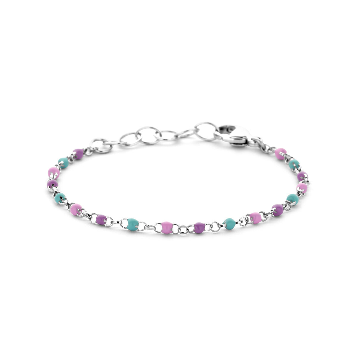 De Van der Kooij Collectie armband bolletjes gekleurd emaille is een gehodineerde zilveren armband van 11 + 2 cm met afwisselend teal en paarse emaille bolletjes, voorzien van een karabijnsluiting en verlengketting.