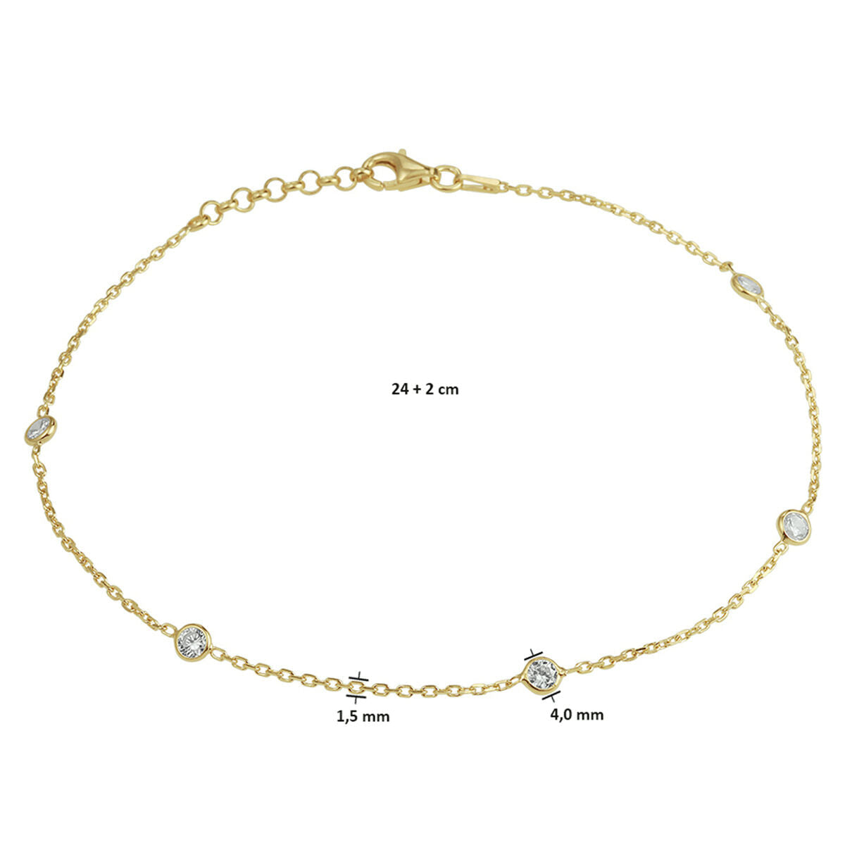 enkelbandje zirkonia 24 + 2 cm 3 micron zilver verguld (geel)