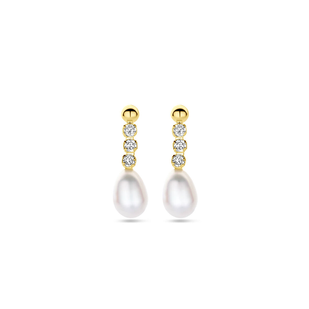 oorhangers zirkonia en parel 19 mm 14K geelgoud