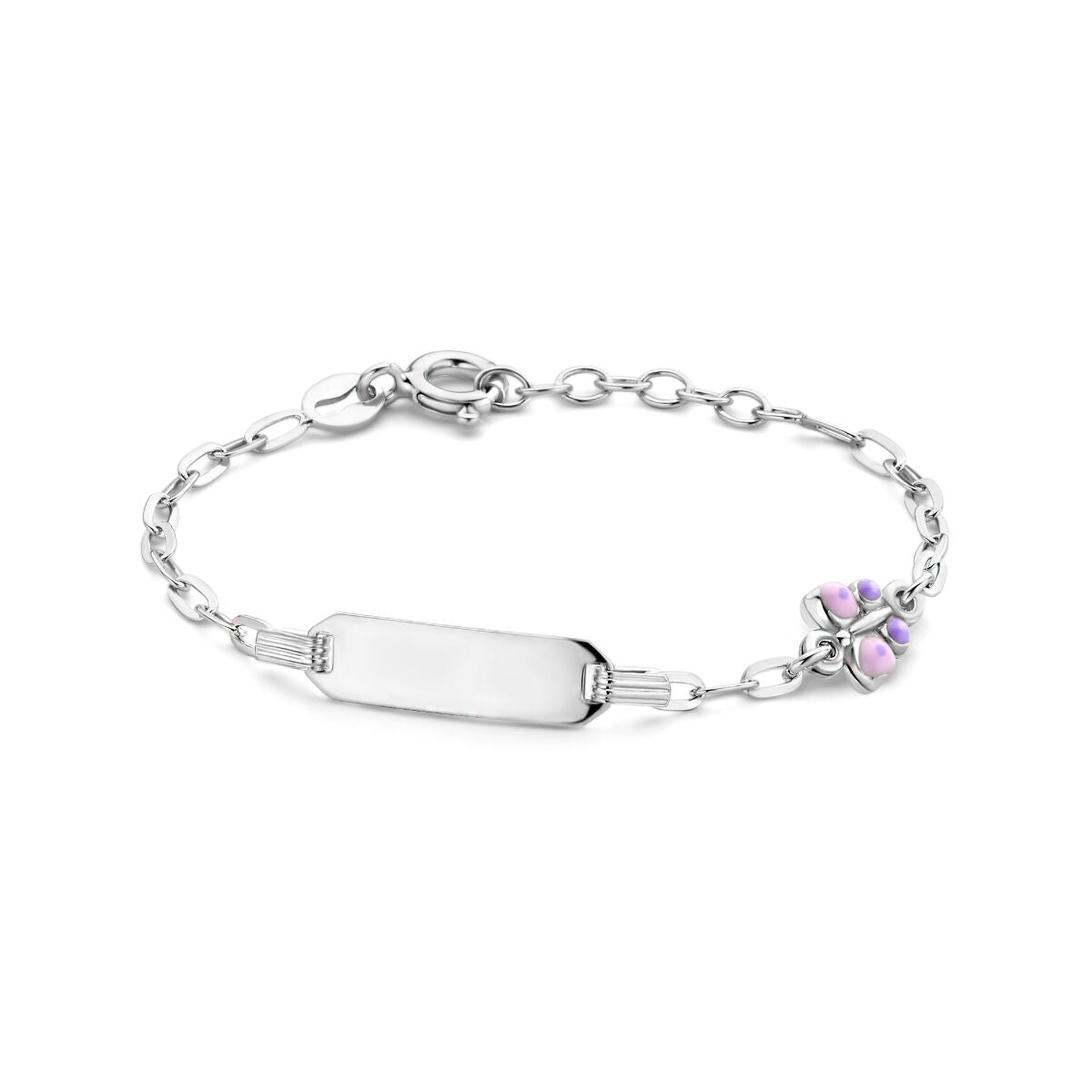 Zilveren gerhodineerde graveerarmband met vlinderhanger, plaat van 5,0 mm en verstelbare lengte van 11 tot 13 cm.