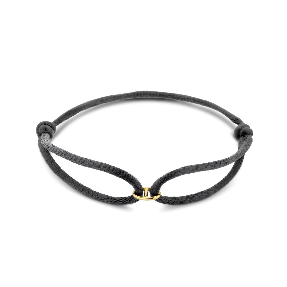 Armband van satijn met 14K gouden sluiting, afgewerkt met rubber en nylon in zwart.