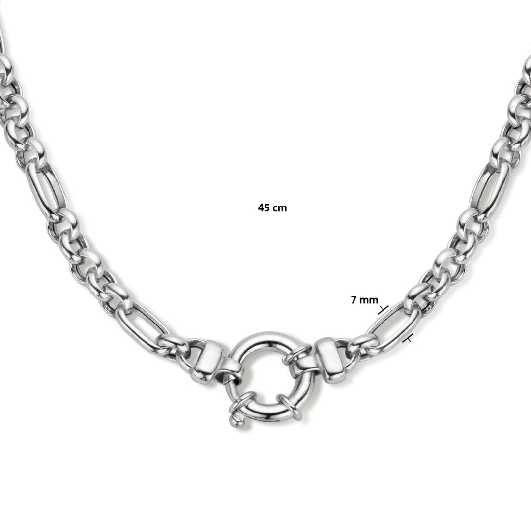Van der Kooij Collectie collier 7,0 mm 45 cm: gerhodineerd zilveren dames ketting met grote ronde sluiting in het midden, anker schakel met afwisselend ovale en ronde schakels.