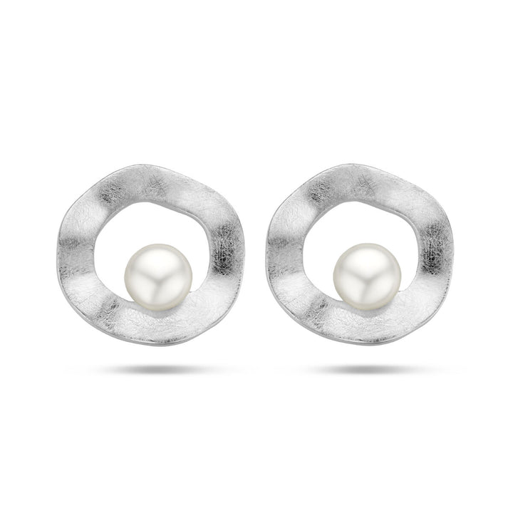 ear studs round pearl scratched silver rhodium plated