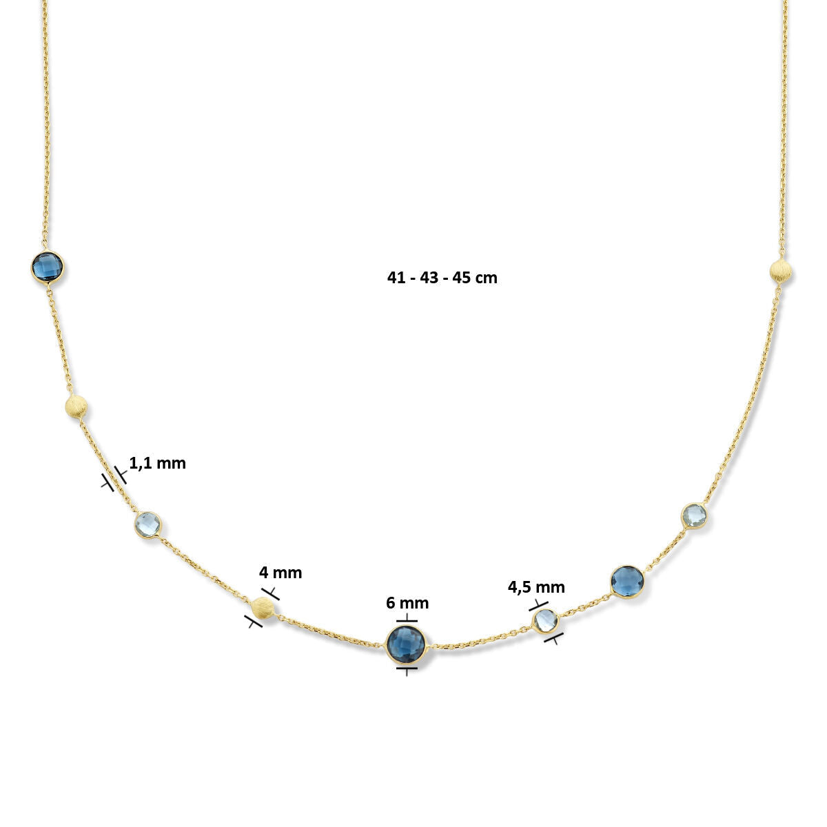 Gouden dames ketting london blue en blauw topaas en rondjes 14K