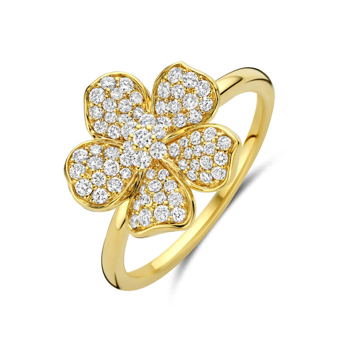 Gouden dames ring met bloem en diamant – 14k geelgoud