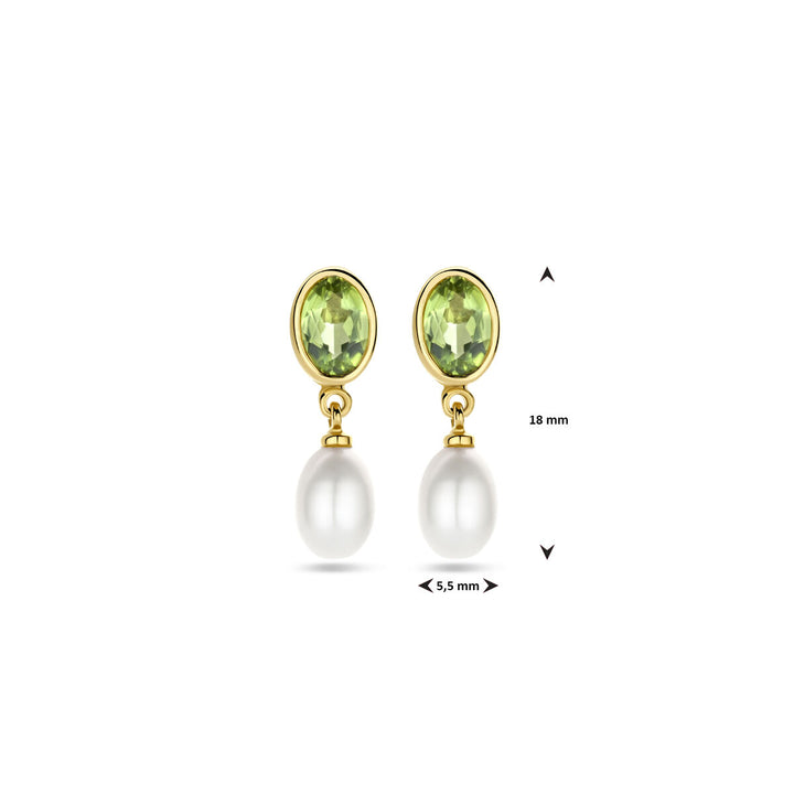 oorhangers parel en peridot 18 mm 14K geelgoud