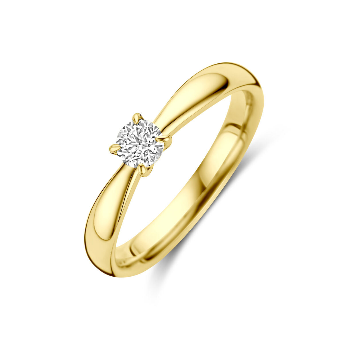 Aanzoekring van 14K geelgoud met een centrale diamant van 0.25ct, in een elegante, golvende vorm.