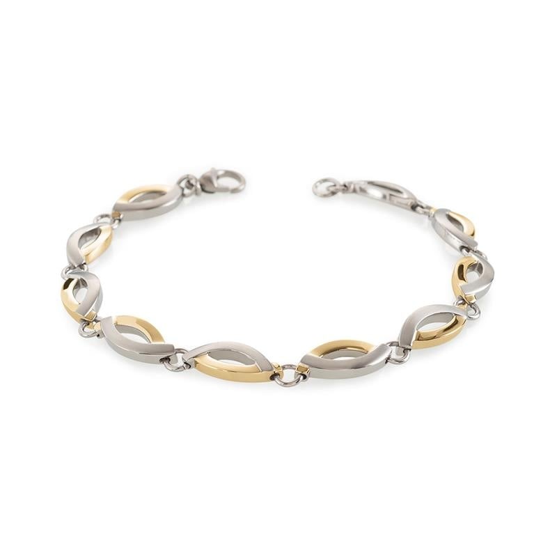 De Boccia Titanium Armband Bicolor 03001-02 van Boccia heeft strakke, tweekleurige ovale titanium schakels in zilver en goud, kleine verbindingsringen en een veilige karabijnsluiting voor een moderne look.