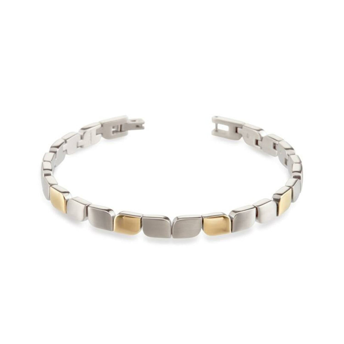 De Boccia Titanium Armband Bicolor 03007-02 heeft stijlvolle, zilverkleurige, vierkante schakels met gouden accenten, tegen een witte achtergrond.