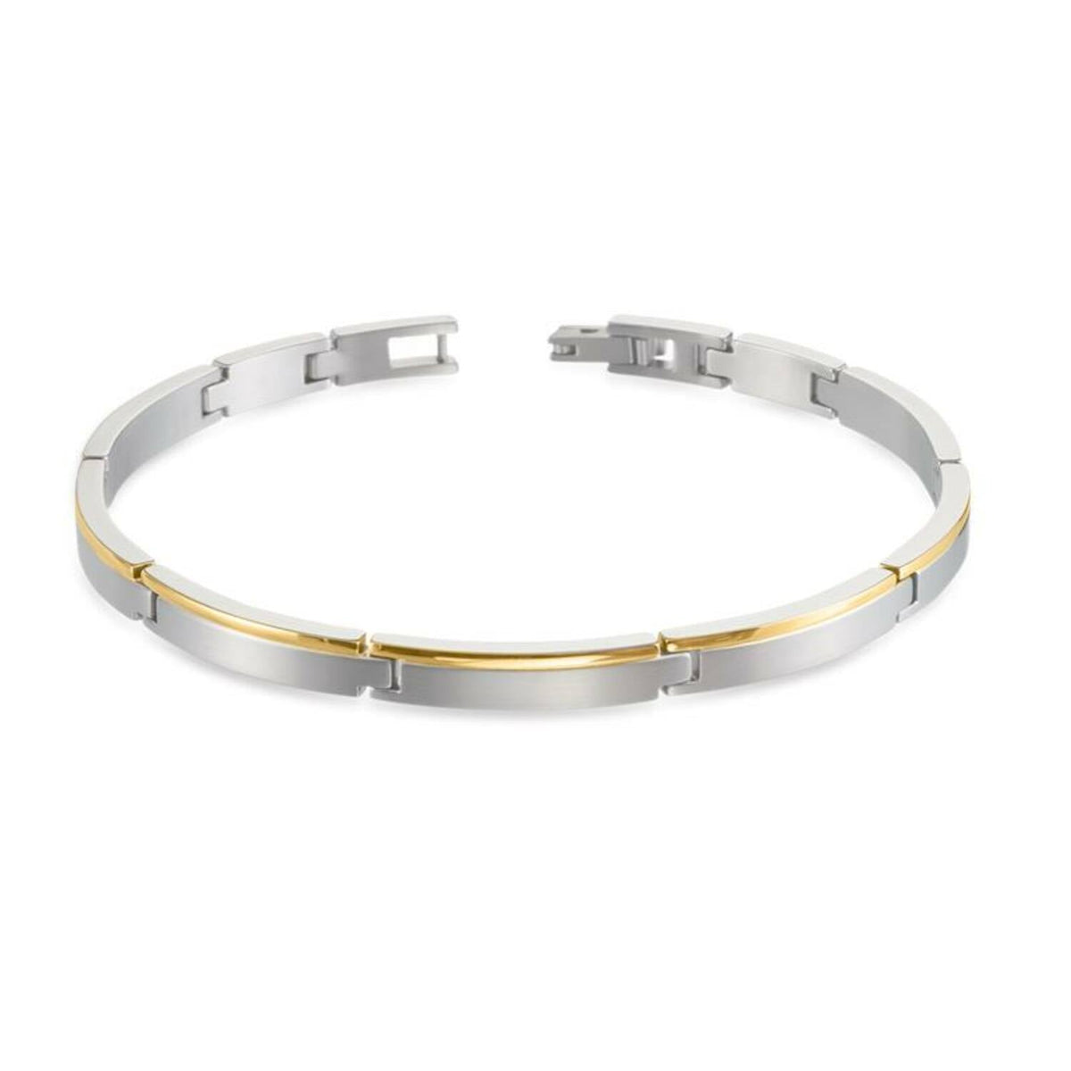 De Boccia Titanium Armband Bicolor 03025-02 heeft een strakke mix van zilveren en gouden segmenten met een moderne, elegante sluiting die naadloos in het ontwerp is geïntegreerd. De effen witte achtergrond versterkt de verfijnde charme.