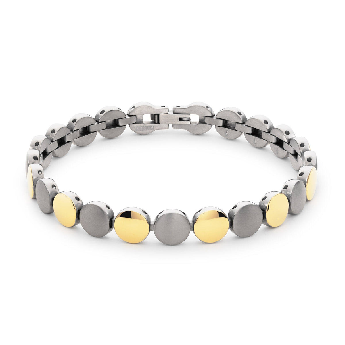 Titanium schakelarmband met ronde, glanzende schijven in zilver en goudkleur, 21 cm lang.