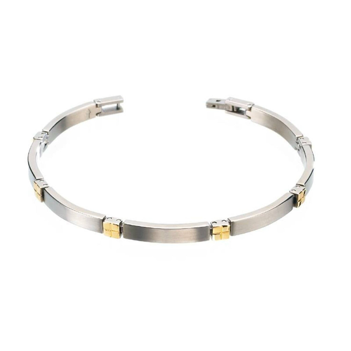 De Boccia Titanium Armband Bicolor 0329-04 heeft strakke, rechthoekige zilveren en gouden segmenten met gelijkmatig verdeelde gouden accenten, afgebeeld op een witte achtergrond.