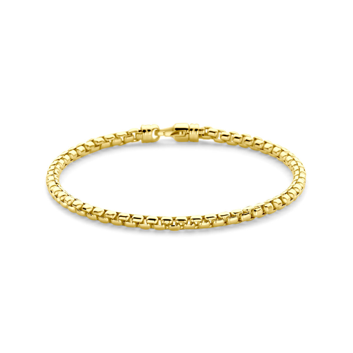 Armband van 14K geelgoud met een venetiaanse schakel, 3,5 mm breed en 19 cm lang.