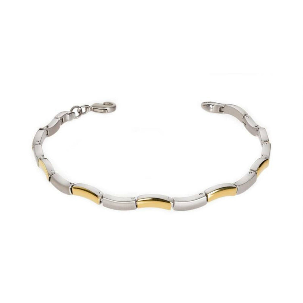 De Boccia Titanium Armband Bicolor 0370-02 van Boccia heeft afwisselend zilveren en gouden segmenten, aangevuld met een modern design en karabijnsluiting, elegant gepresenteerd op een witte achtergrond.