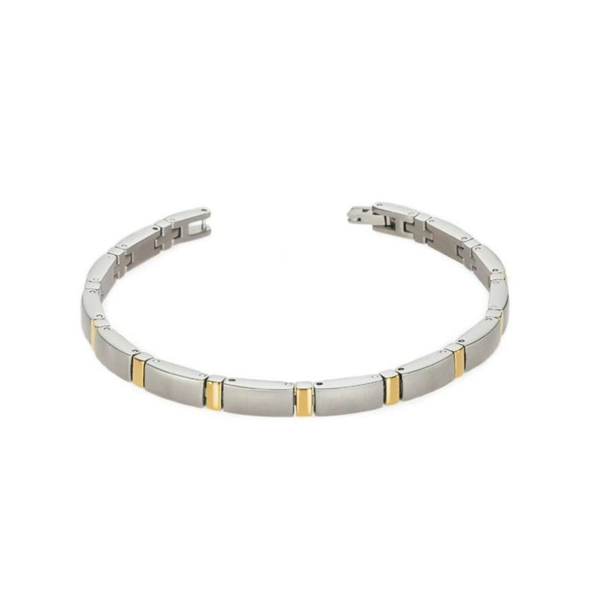 De Boccia Titanium Armband Bicolor 0371-02 heeft rechthoekige zilverkleurige schakels met subtiele gouden accenten, wat zorgt voor een verfijnde tweekleurige look. Deze strakke armband van Boccia komt elegant tot zijn recht tegen een witte achtergrond.