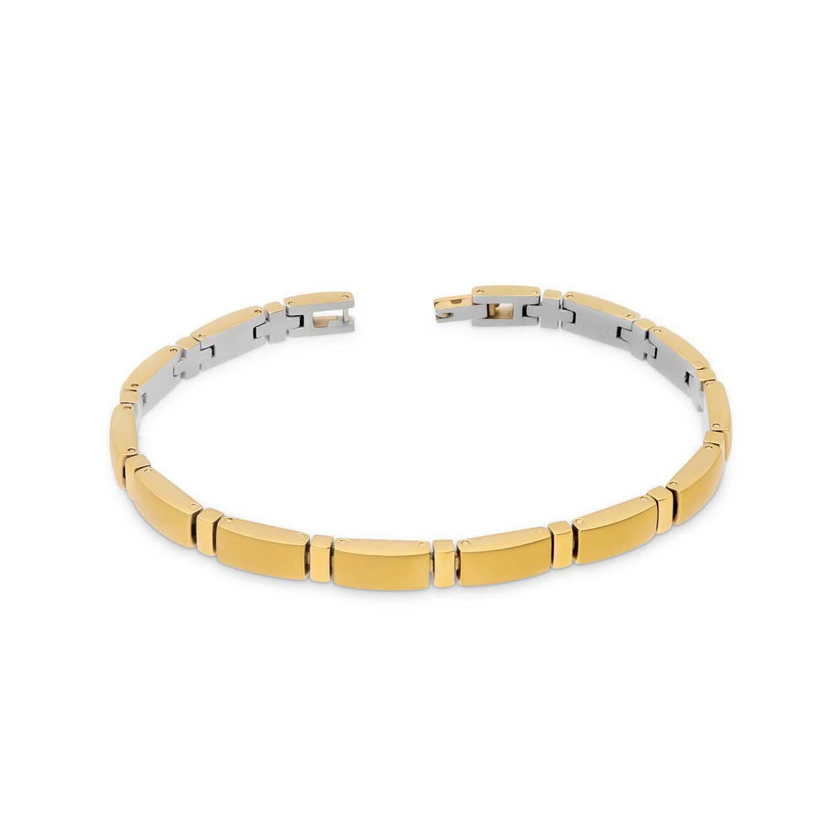 Titanium armband met een combinatie van zilveren en gouden schakels, strak en modern van ontwerp.