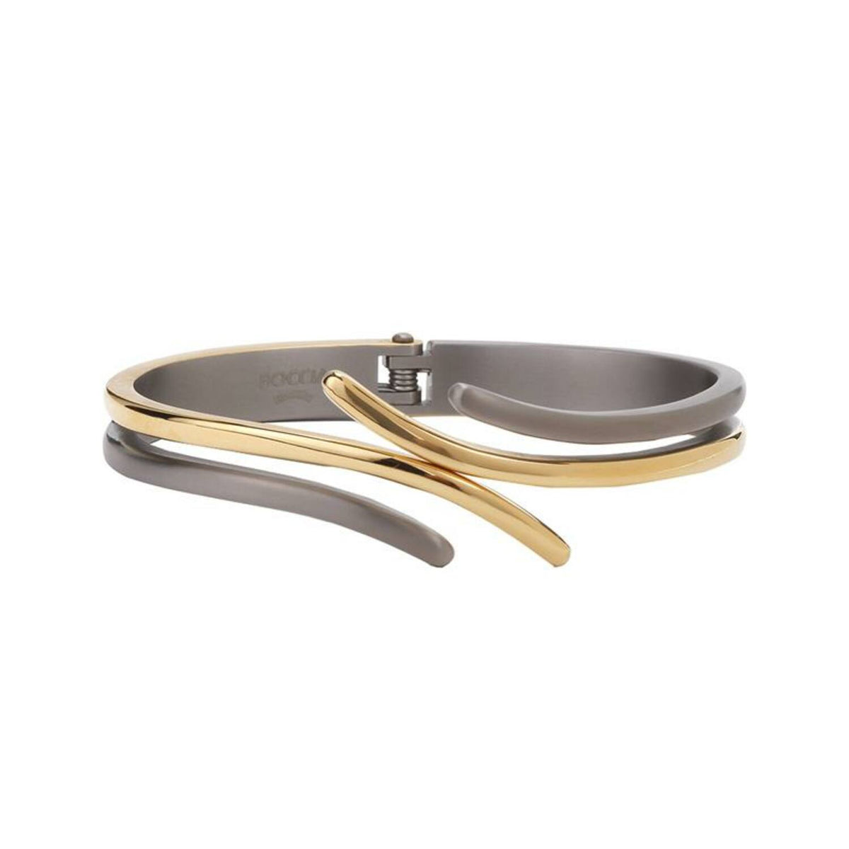 Bicolor titanium armband met een glanzende gouden en matte grijze spangvorm.