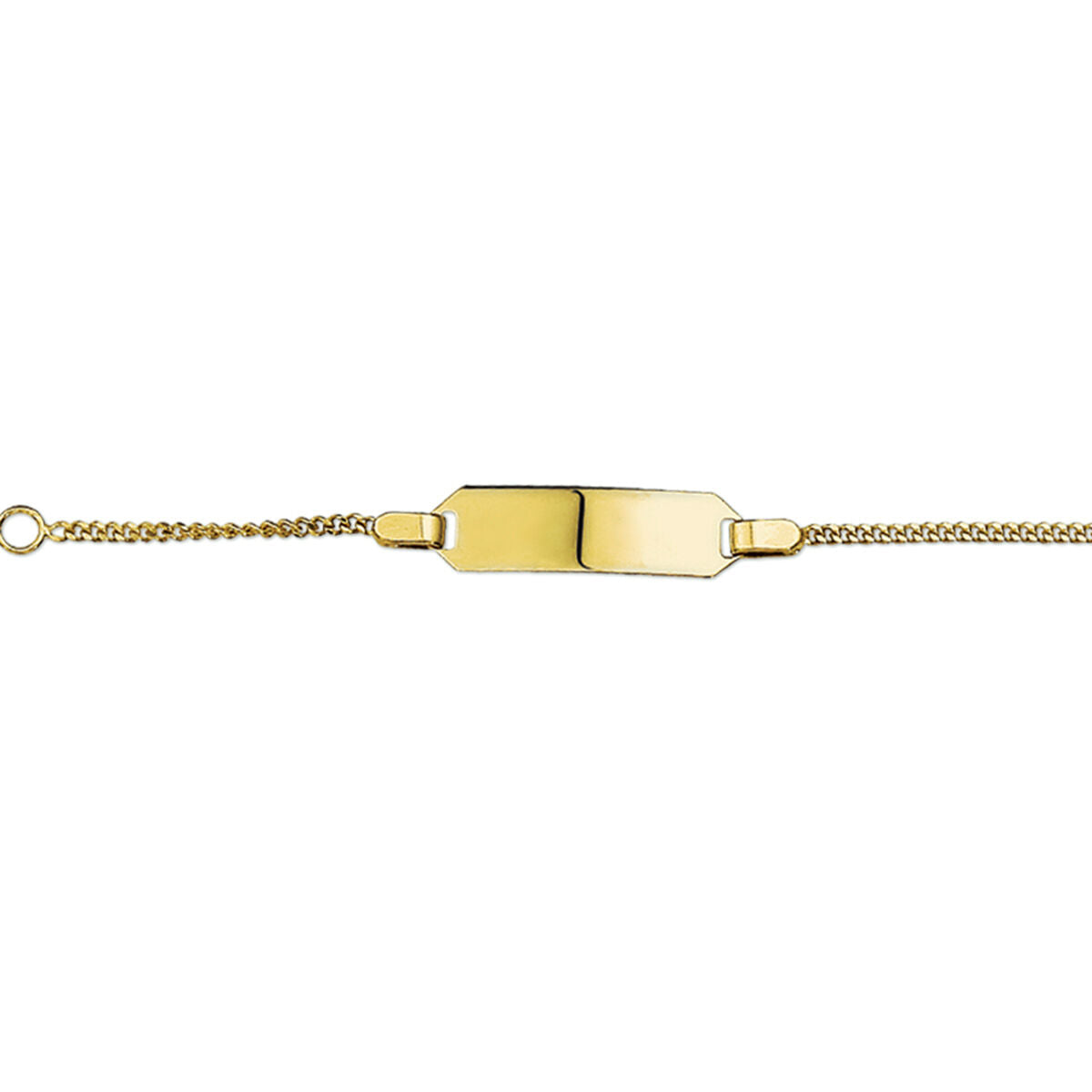 De Van der Kooij Collectie graveerarmband gourmet plaat 5 mm (11-13 cm) is een 14K geelgouden kinderarmband met een platte rechthoekige graveerplaat en fijne curb schakelketting.