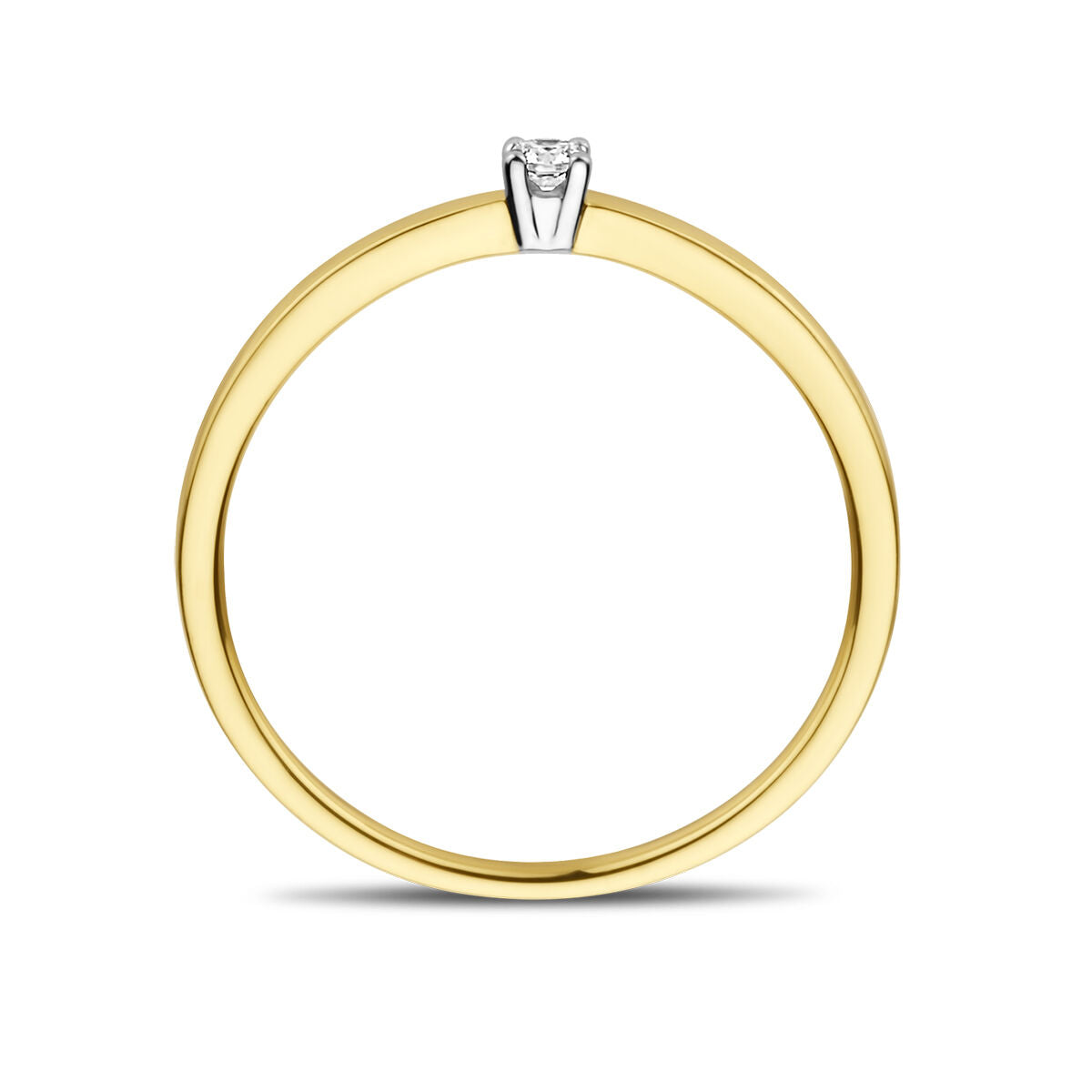 Een tijdloze Van der Kooij Collectie aanzoeksring diamant 0.05ct H SI in 14K bicolor geel/wit goud, met een kleine ronde diamant in witgouden chaton, getoond op een witte achtergrond.