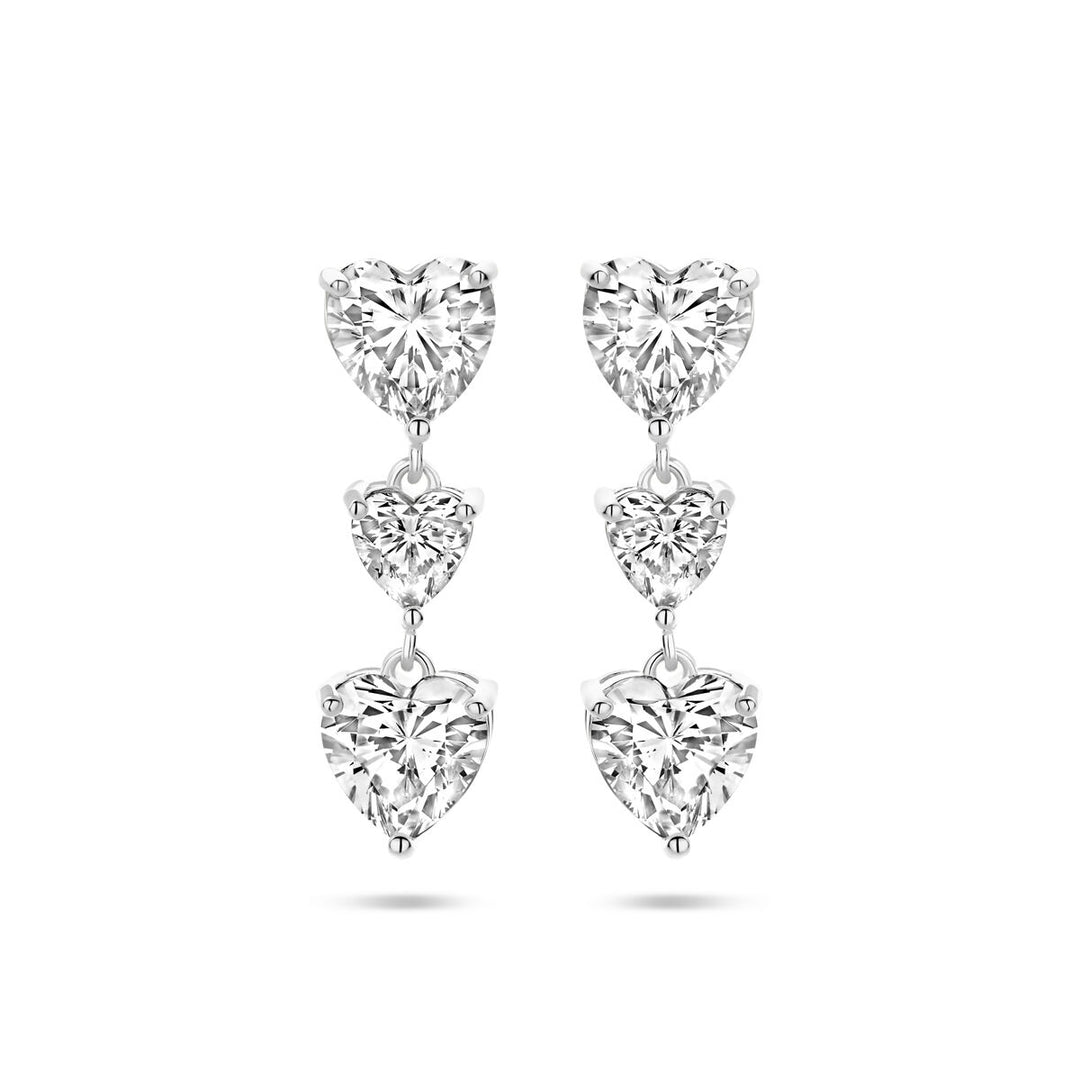 Van der Kooij Collectie oorhangers hartjes zirkonia 25 mm: gerhodineerd zilver met drie zirkonia hartjes, elegant als valentijn cadeau.