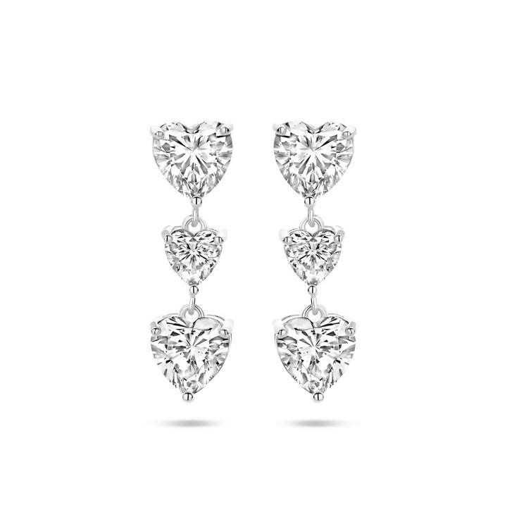 Van der Kooij Collectie oorhangers hartjes zirkonia 25 mm: gerhodineerd zilver met drie zirkonia hartjes, elegant als valentijn cadeau.
