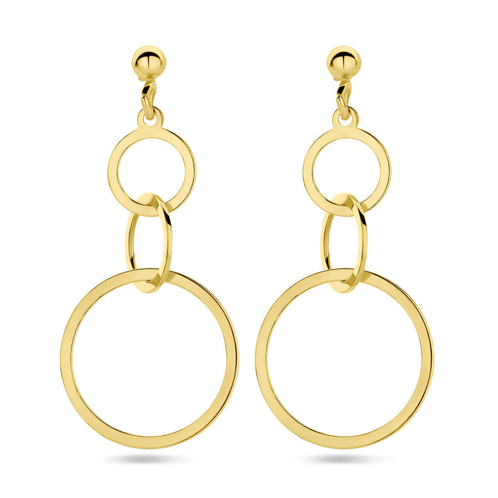Een paar Van der Kooij Collectie oorhangers cirkels 1 micron zilver verguld (geel), elk met drie in elkaar grijpende open cirkels in verschillende maten voor een moderne en elegante goudkleurige look.