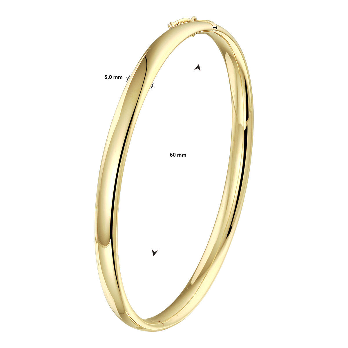 De bangle scharnier ovale buis 5,0 mm 14K geelgoud van Van der Kooij Collectie is een damesarmband met een gladde, gepolijste afwerking, eenvoudige elegante look en een binnendiameter van 60 mm.
