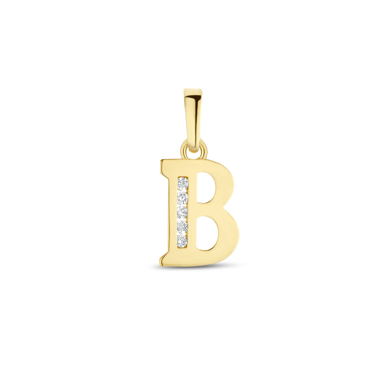 De Hanger Letter Zirkonia 14K Geelgoud van Van der Kooij Collectie is een geelgouden hanger in de vorm van de letter B, met een verticale rij zirkonia's links en een elegante goudkleurige borg voor aan je ketting.