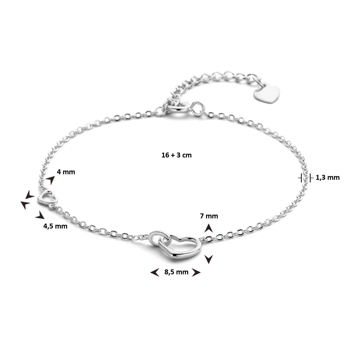 armband hartjes 16 + 3 cm zilver gerhodineerd