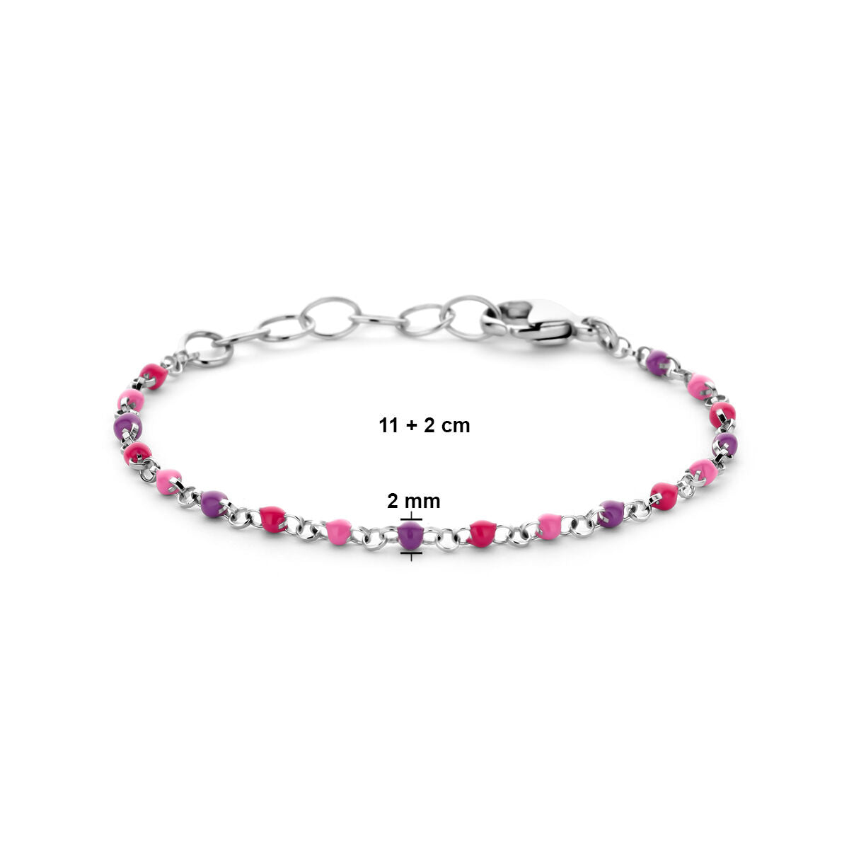 De Van der Kooij Collectie armband bolletjes gekleurd emaille 11 + 2 cm zilver gerhodineerd bestaat uit afwisselend roze, paarse en zilveren emaille kralen (2 mm) aan een zilveren ketting met karabijnsluiting. Lengte: 11 + 2 cm.