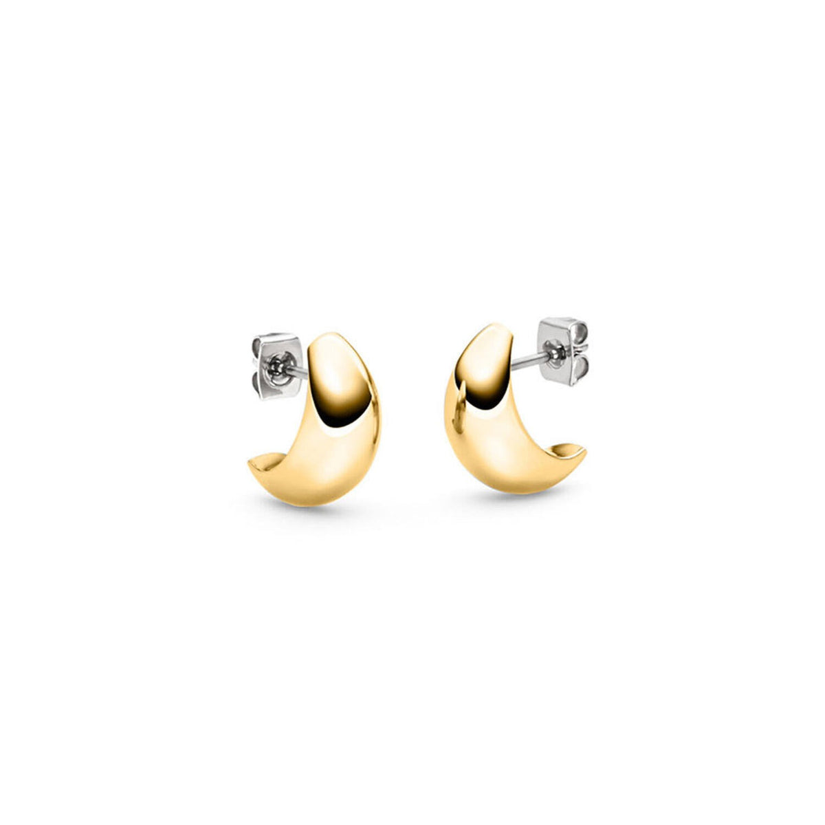 Een paar Boccia Titanium Oorstekers gp 05089-02, minimalistische gouden halvemaanvormige studs met zilveren stiften en vlindervormige achterkant van Boccia, afgebeeld op een witte achtergrond.