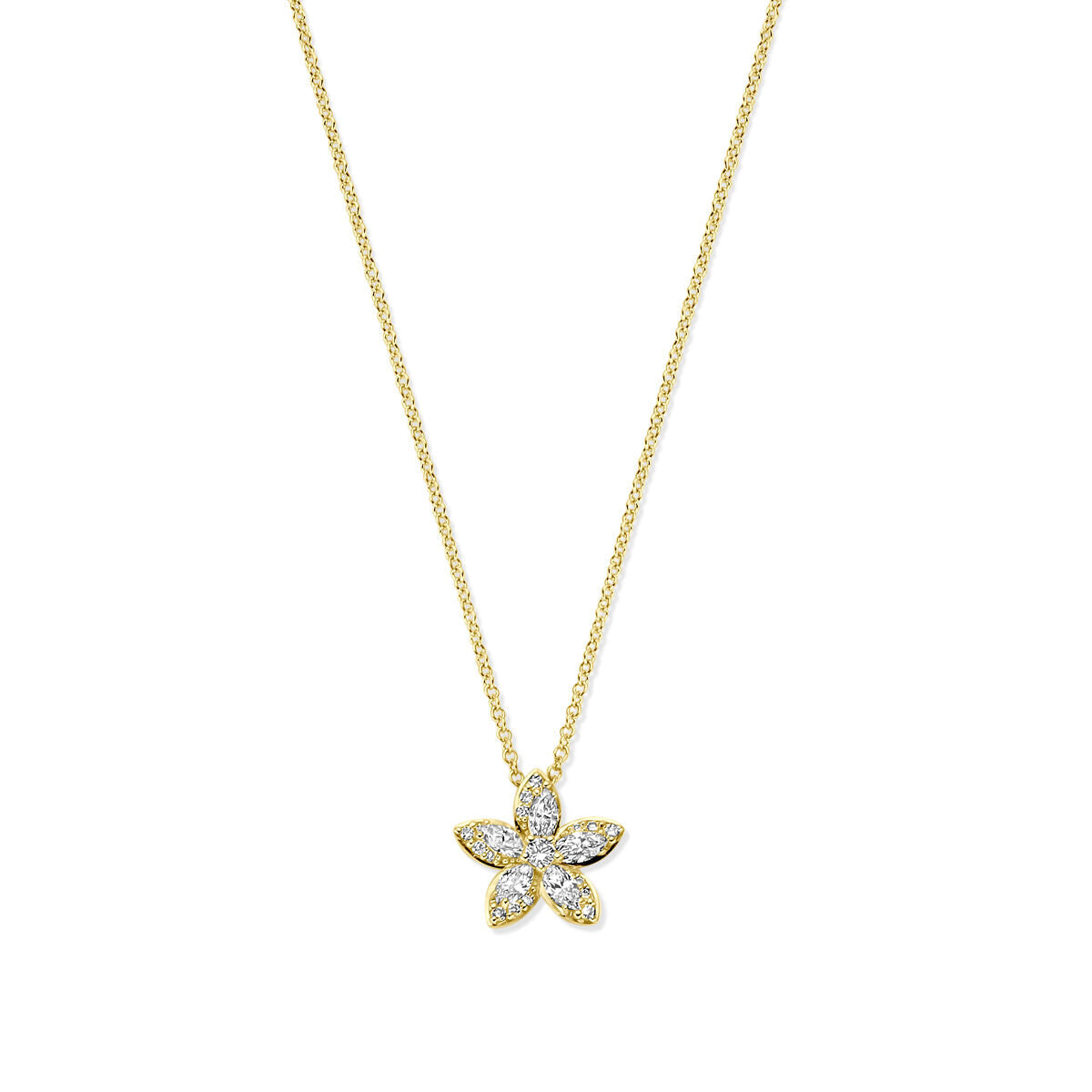 Collier van 14K geelgoud met een bloemvormige hanger bezet met diamanten van 0.42ct.