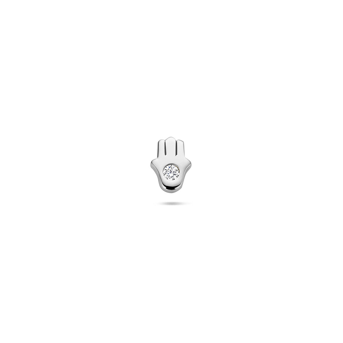 Zilveren flat back piercing in de vorm van een Hand van Fatima, gerhodineerd met zirkonia.