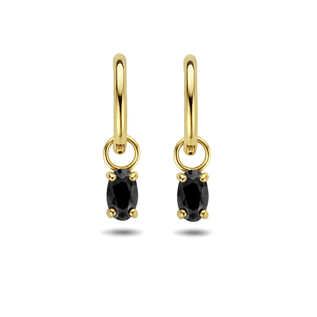 Zwarte zirkonia klapoorringen van 14K geelgoud met een ovale steen.