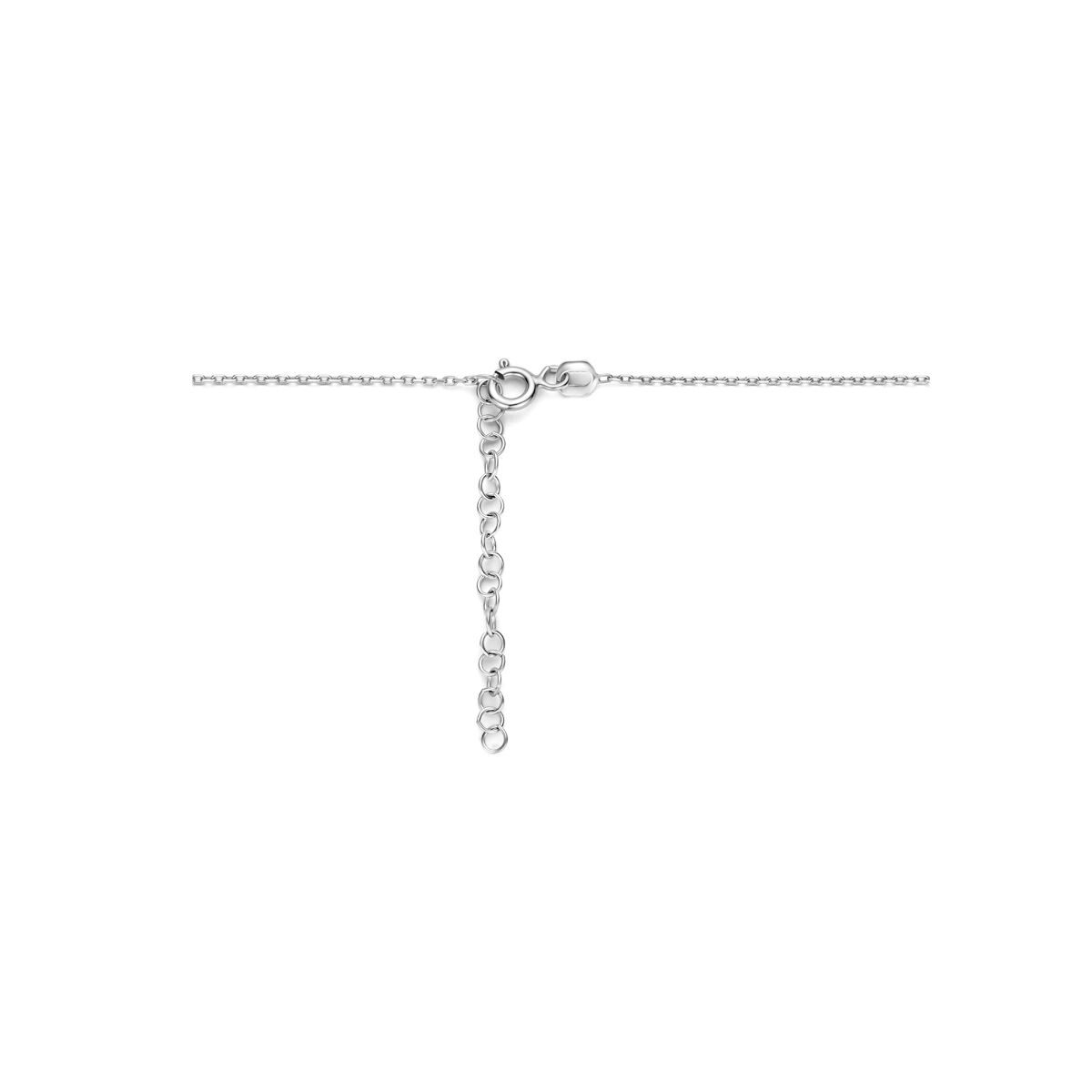 Het Van der Kooij Collectie collier zirkonia 41 + 4 cm halo zilver gerhodineerd is voorzien van een karabijnsluiting en verstelbare verlengketting, afgebeeld op een effen witte achtergrond.