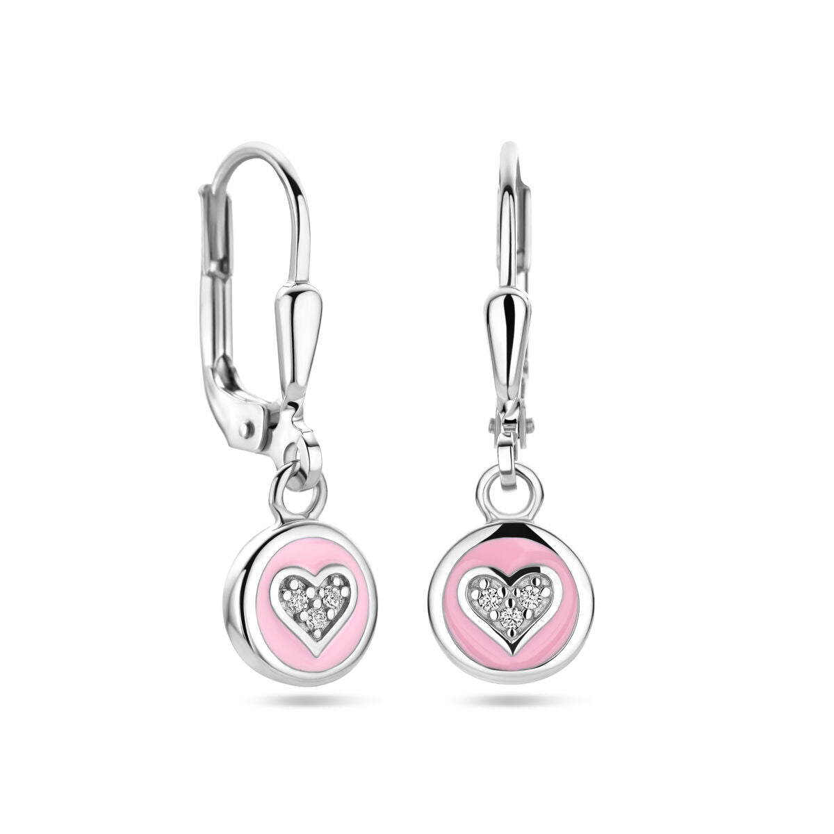 earrings heart zirconia and pink enamel brisur hook silver rhodium plated