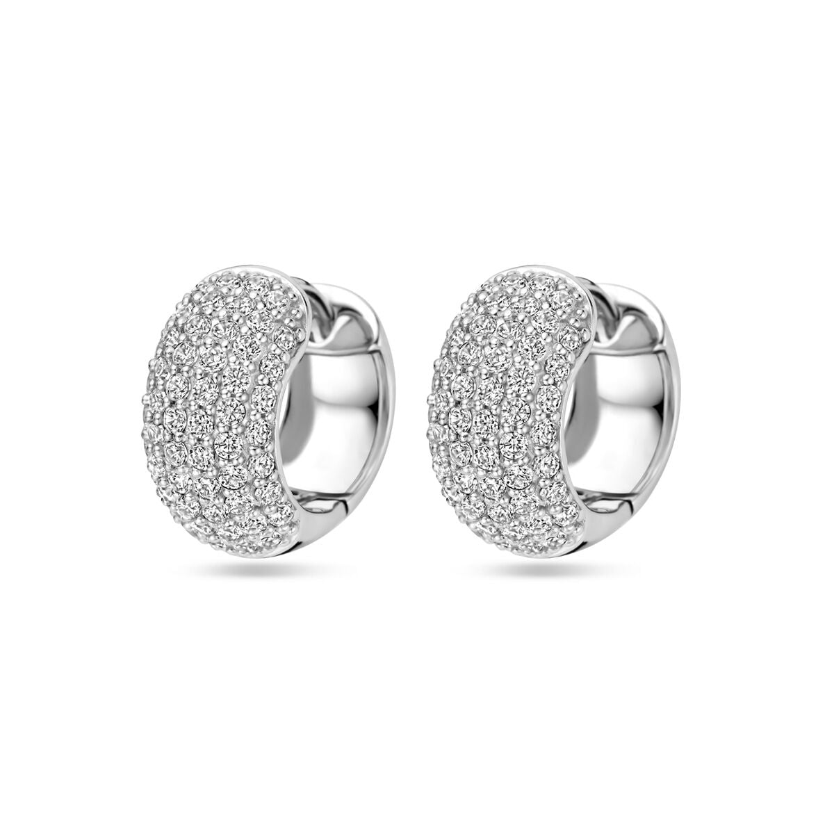 Zilveren klapoorringen met gerhodineerde afwerking en zirkonia-steentjes, 16 mm diameter.
