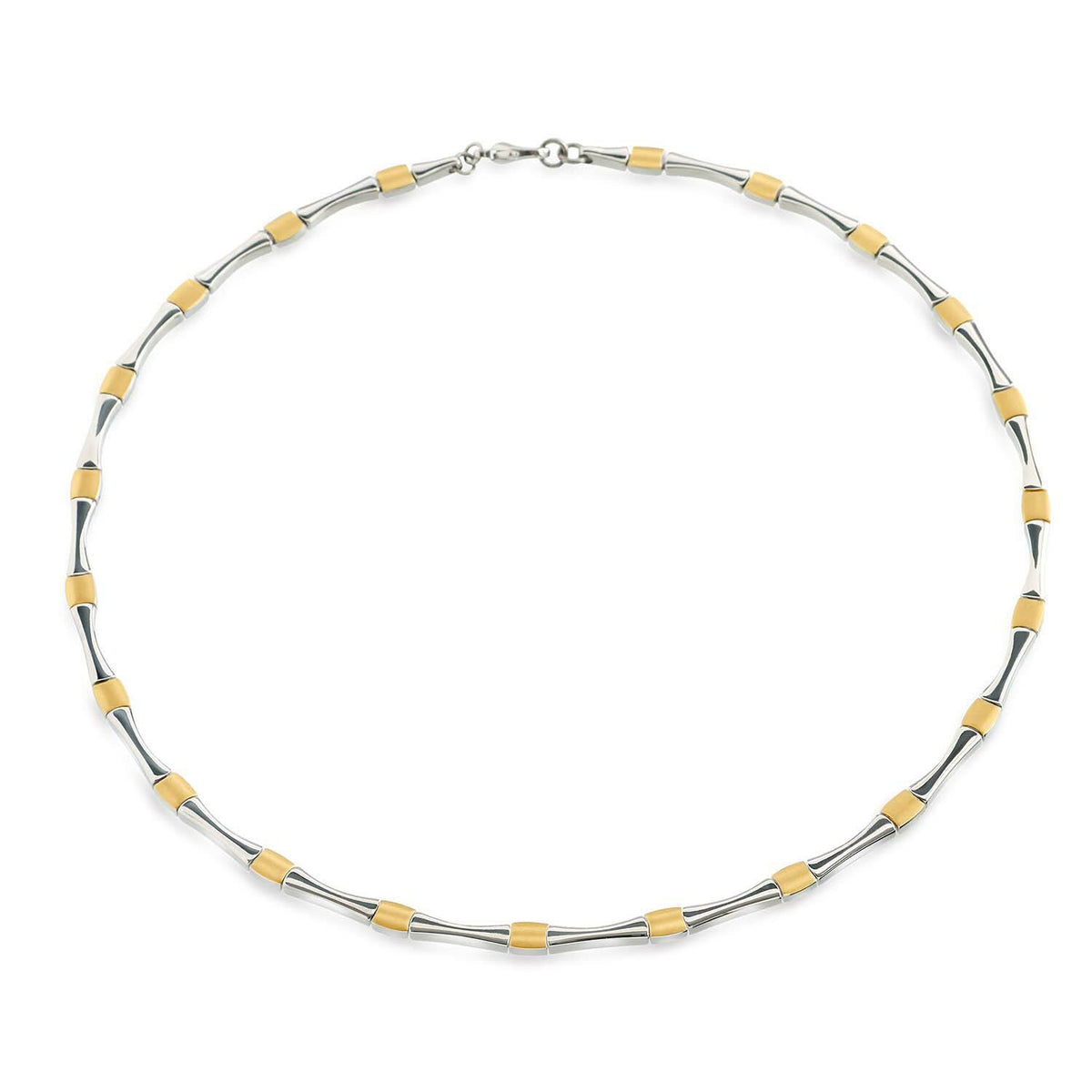 Bicolor titanium collier met afwisselend zilveren en gouden elementen in een moderne schakelvorm.