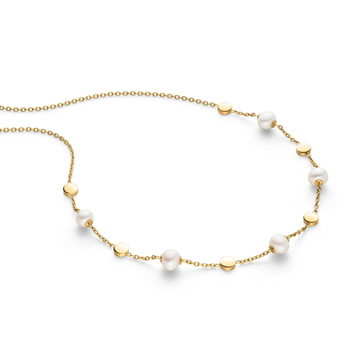 De Boccia Parelcollier (45cm, 08077-02) heeft een delicate titanium ketting geaccentueerd met gelijkmatig verspreide zoetwaterparels en kleine gouden schijven voor tijdloze elegantie.