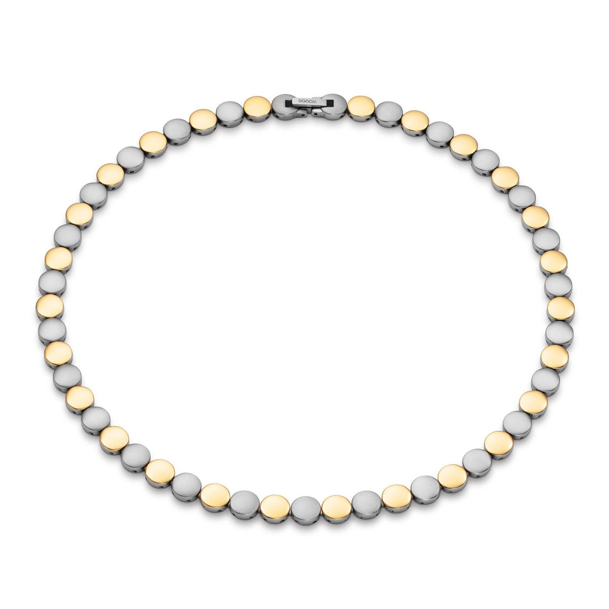 De Boccia schakelcollier - Titanium - 45cm 08079-02 heeft afwisselend gouden en zilveren ronde schakels, elegant tegen een witte achtergrond.