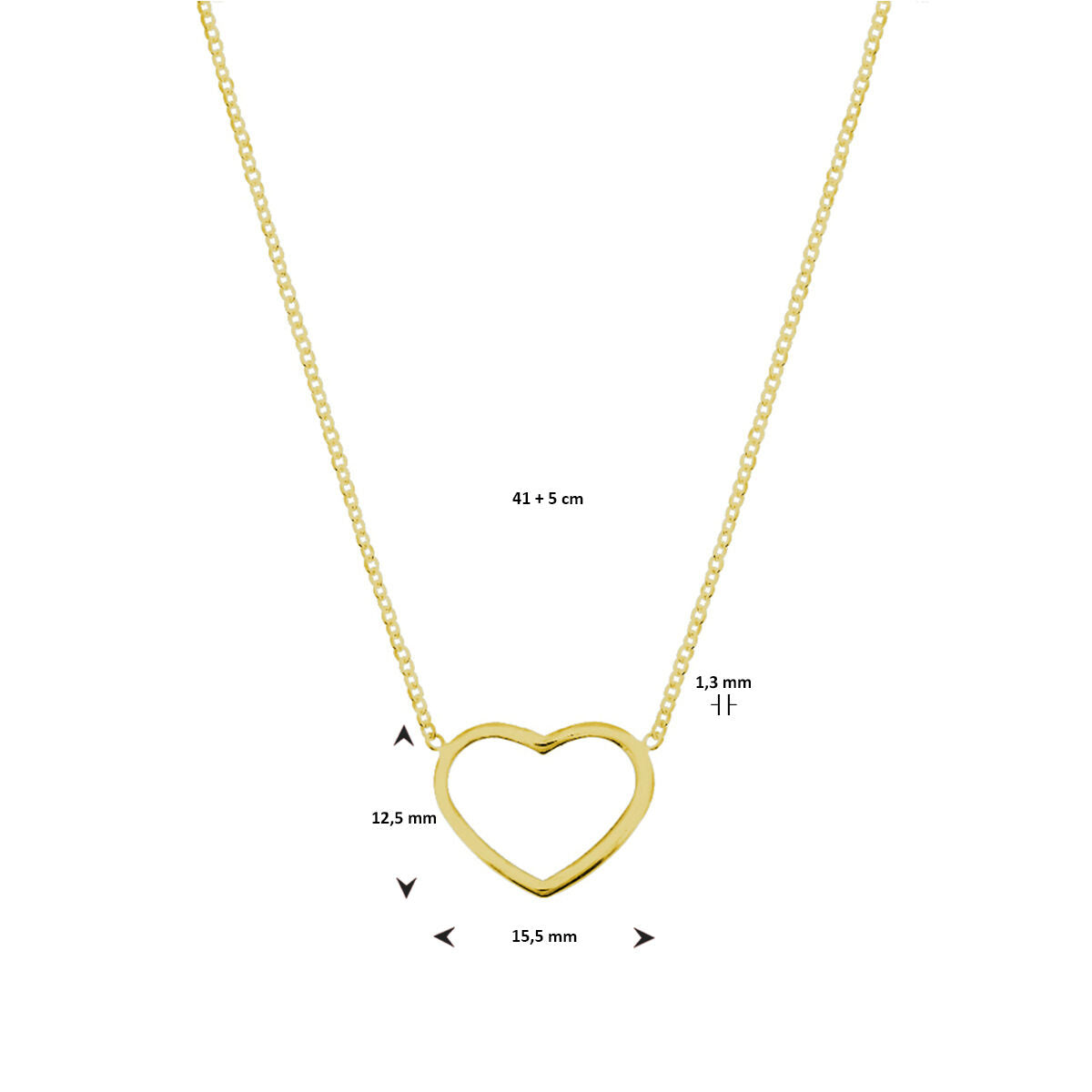 necklace heart 41 + 5 cm 3 micron silver gold plated (yellow)