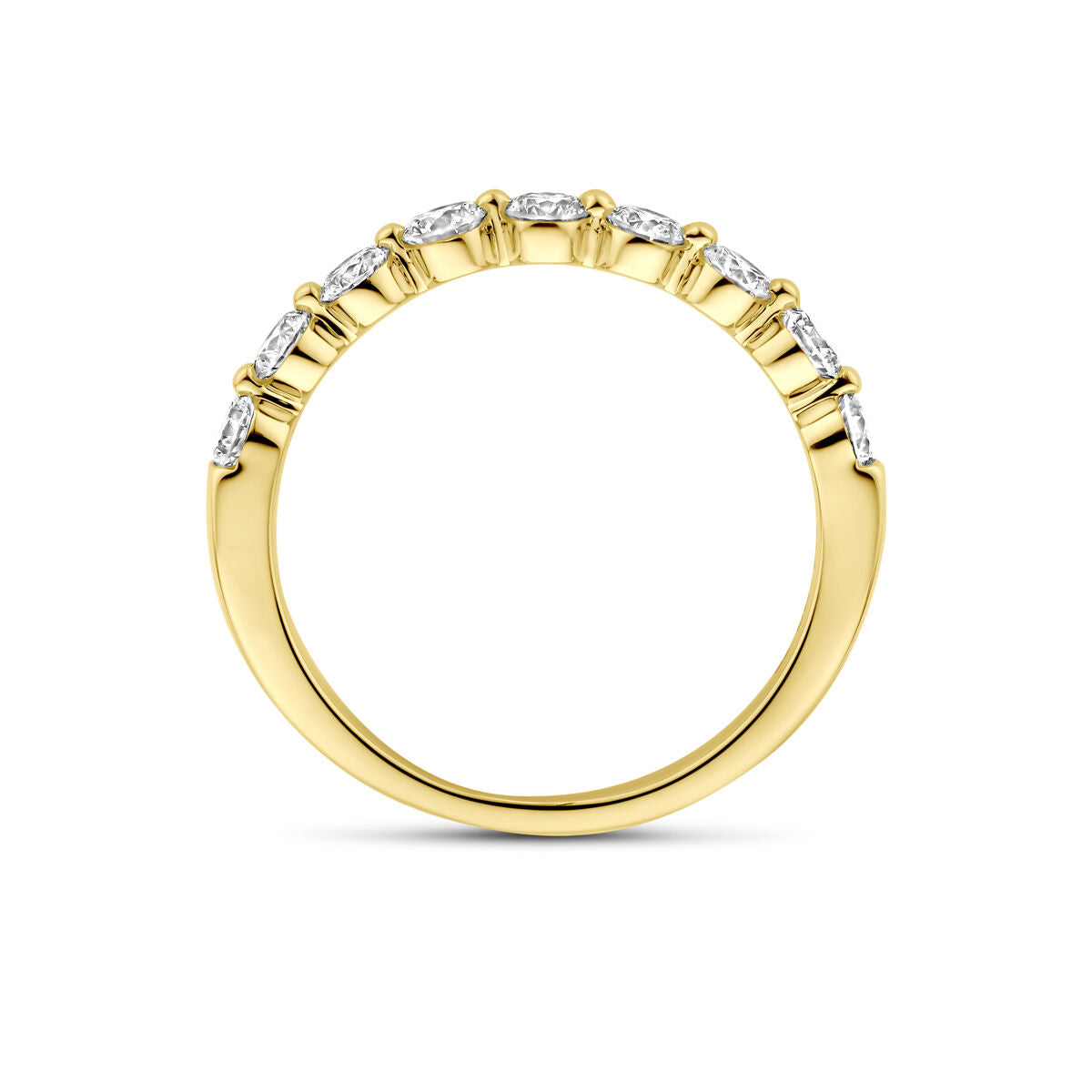 De Van der Kooij Collectie ring lab grown diamanten 0.75ct H SI in 14K geelgoud heeft verticaal gezette marquise geslepen lab-grown diamanten op de bovenkant van de band, getoond tegen een witte achtergrond.