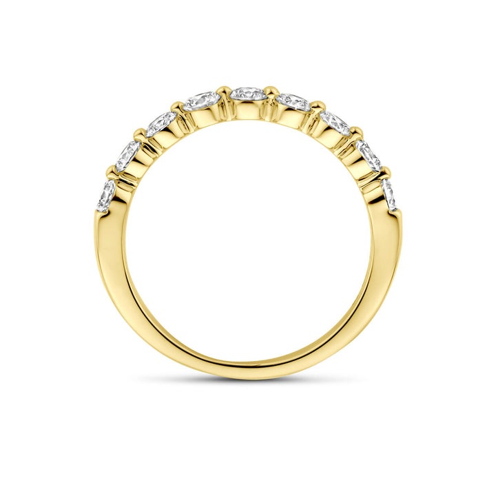 De Van der Kooij Collectie ring lab grown diamanten 0.75ct H SI in 14K geelgoud heeft verticaal gezette marquise geslepen lab-grown diamanten op de bovenkant van de band, getoond tegen een witte achtergrond.