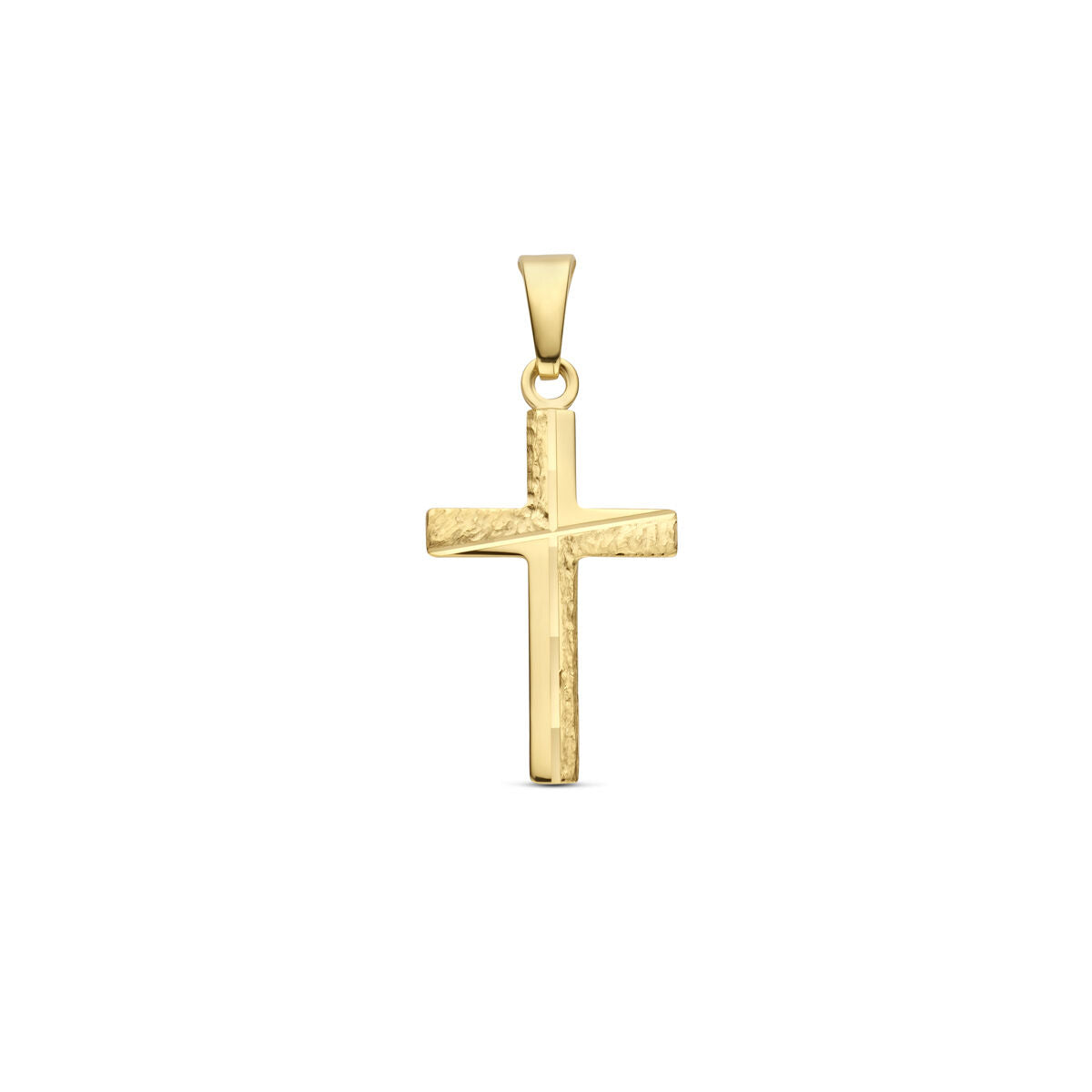 Gehamerd kruis hanger van 14K geelgoud, 18 mm groot met een glanzende afwerking.