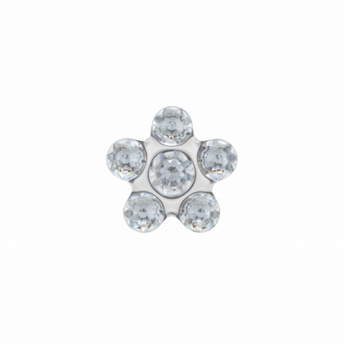 De Studex Schietoorbellen witte steen verguld 3.0mm staal zijn zilveren oorbellen met zes heldere edelstenen in een bloemvorm-ideaal voor wie oorbellen kiest of na gaatjes laat schieten. Afgebeeld op een witte achtergrond.