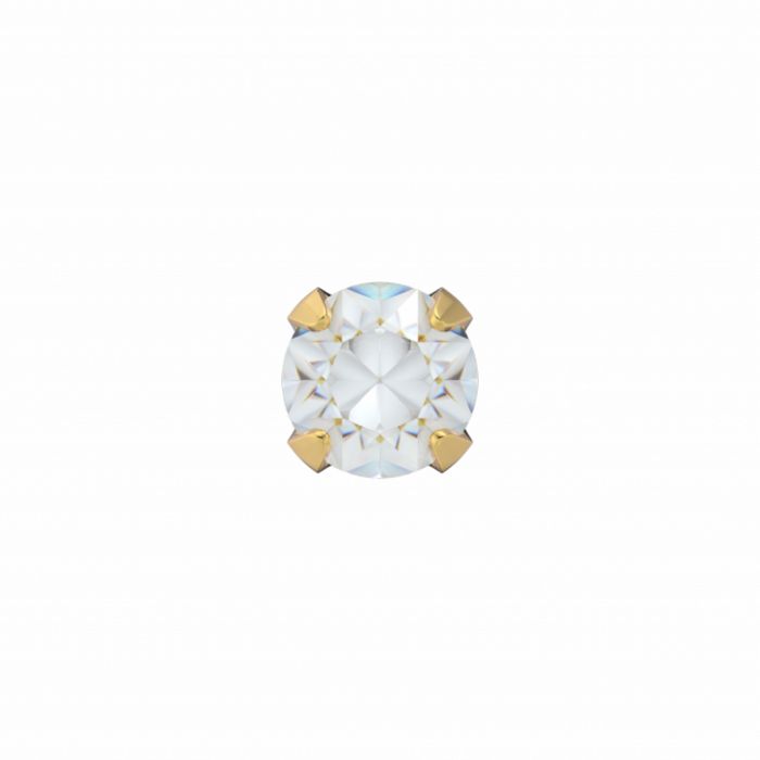 De Studex Schietoorbellen chaton witte steen 3,0 mm verguld staal heeft een ronde witte steen gezet in verguld staal, perfect voor gaatjes laten schieten en weergegeven op een effen witte achtergrond.