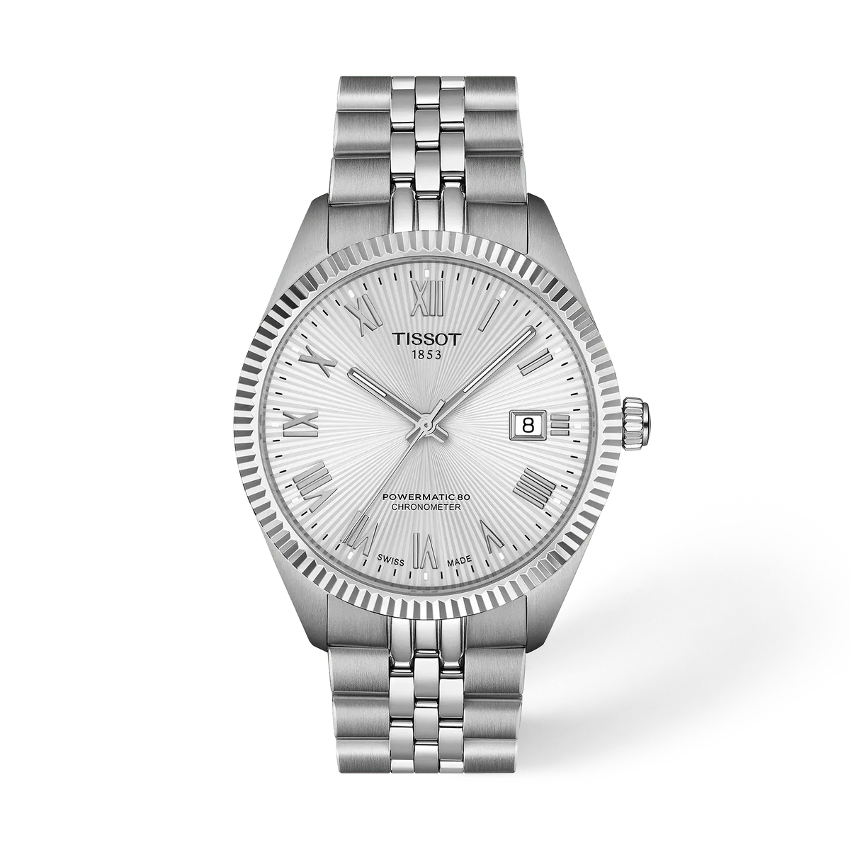Zilveren horloge met een 39 mm kast, een witte wijzerplaat en een stalen schakelband.