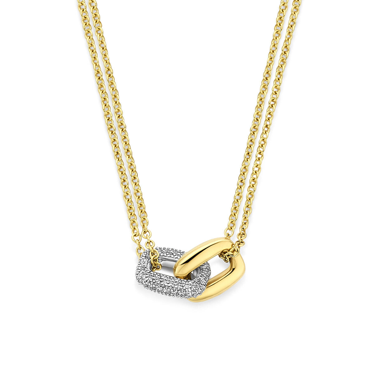 Bicolor gouden ketting met twee schakels, één in geelgoud en één met diamantafwerking.
