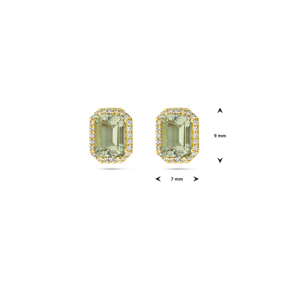 oorknoppen groen amethist en diamant 0.14ct (2x 0.07ct) h si halo 18K geelgoud