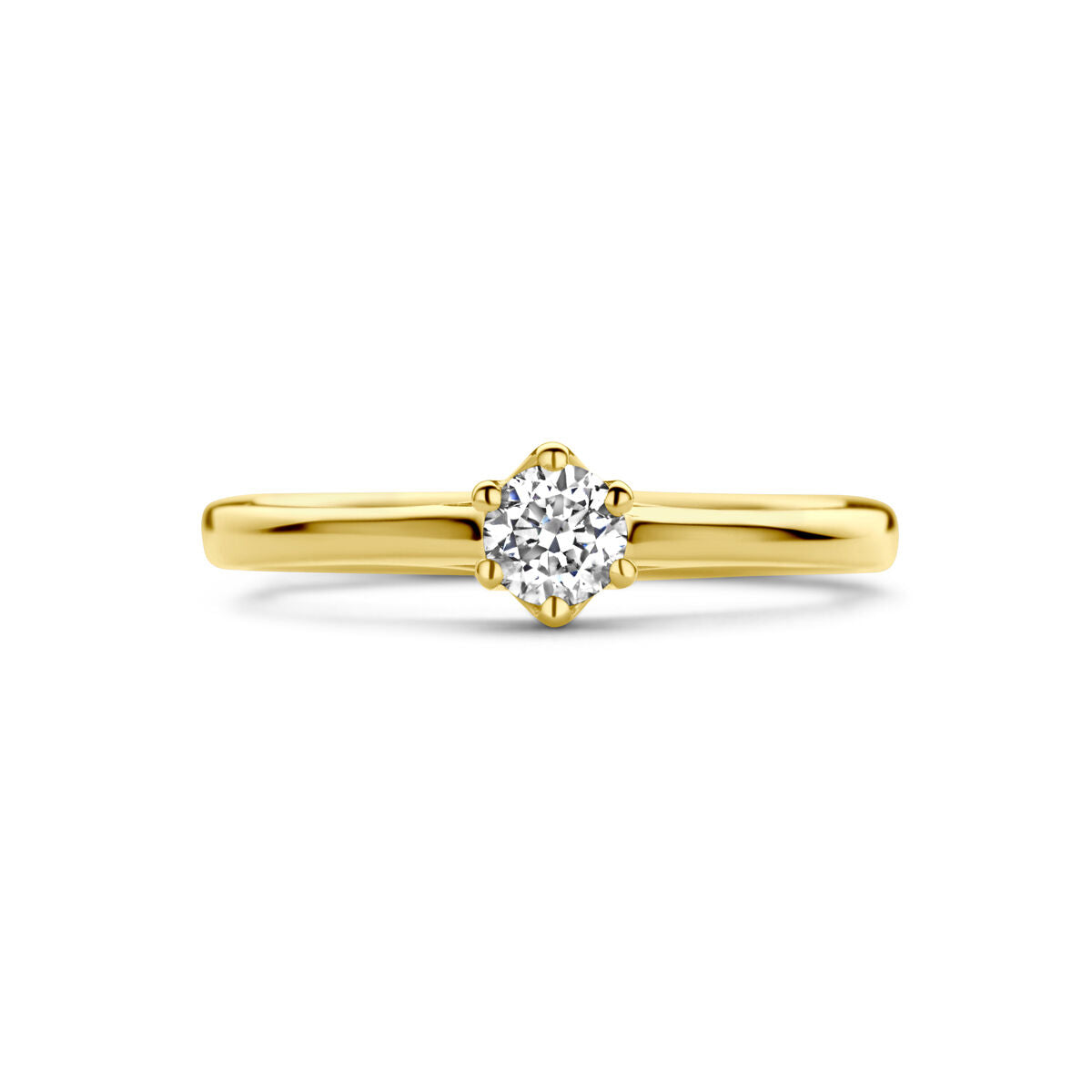 De Van der Kooij Collectie aanzoeksring diamant 0.20ct H SI in 14K geelgoud heeft een klassieke uitstraling en is perfect voor je trouwdag, afgebeeld tegen een witte achtergrond.